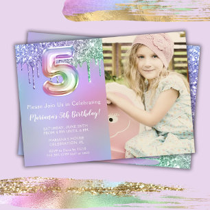 Photo 5th Purple Pink Glitter Birthday Party Invitation