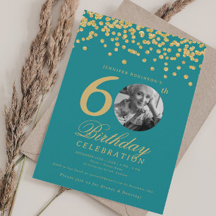 Photo 60th Birthday Gold Confetti Turquoise Invitation