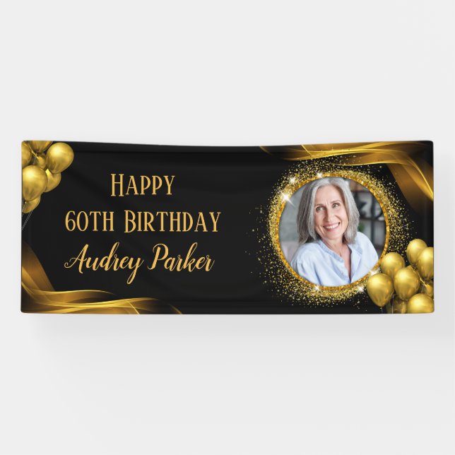 Photo 60th Birthday Party Banner Black Gold (Horizontal)