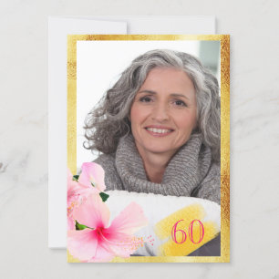 Photo 60th birthday pink floral white invitation