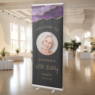 Photo 60th Birthday Purple Gold Agate Black Retractable Banner