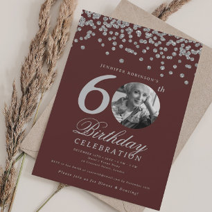 Photo 60th Birthday Silver Confetti Burgundy  Invitation