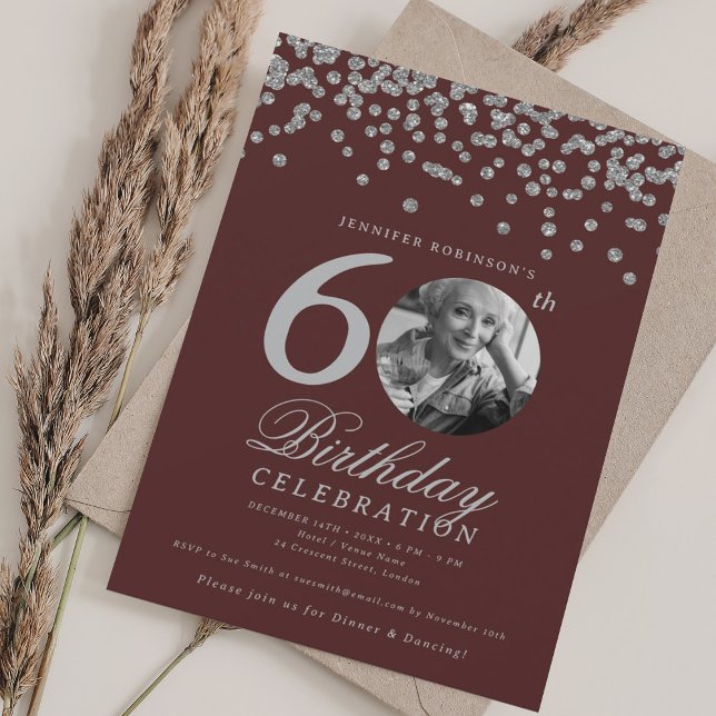 Photo 60th Birthday Silver Confetti Burgundy  Invitation (Photo 60th Birthday Silver Confetti Burgundy Invitation)