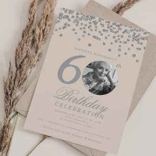 Photo 60th Birthday Silver Confetti Champagne Invitation
