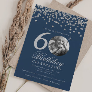 Photo 60th Birthday Silver Confetti Navy  Invitation
