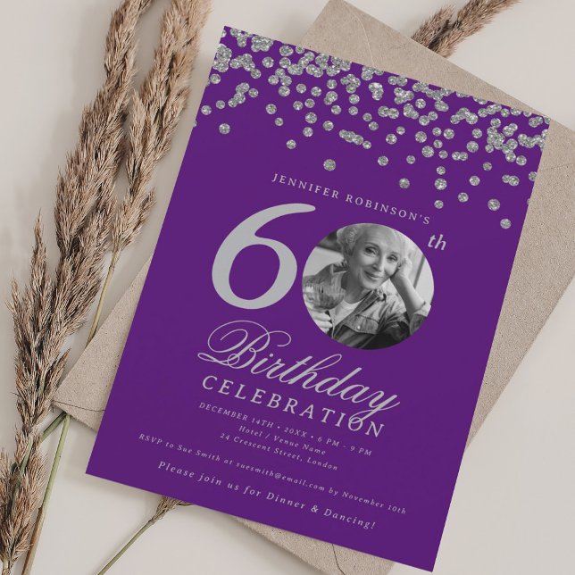 Photo 60th Birthday Silver Confetti Purple Invitation (Photo 60th Birthday Silver Confetti Purple Invitation)