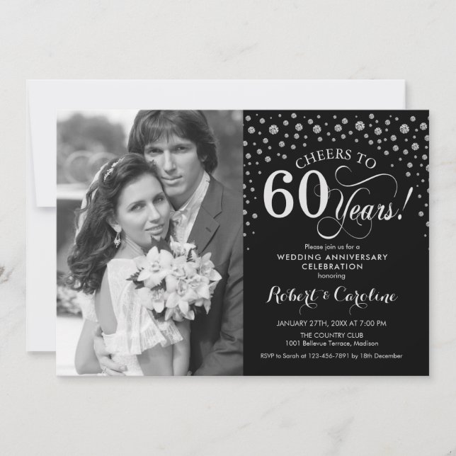 Photo 60th Wedding Anniversary - Silver Black Invitation (Front)