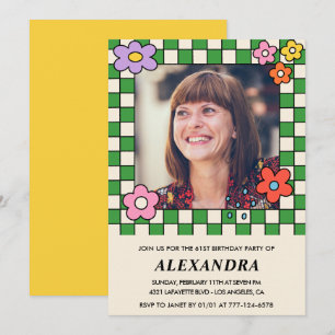 Photo 61st birthday invitation Retro Groovy Floral