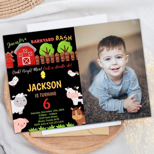 Photo 6th Black Red Farm Animals Birthday Invitation (Photo 6th Black Red Farm Animals Birthday Invitation)