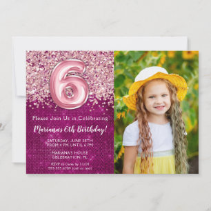 Photo 6th Kids Magenta Pink Glitter Birthday Invitation