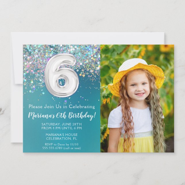 Photo 6th Teal Silver Glitter Birthday Invitation (Front)