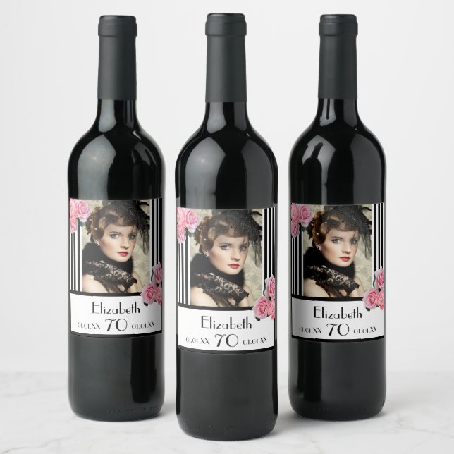 Photo 70th birthday black white stripes floral wine label (Bottles)