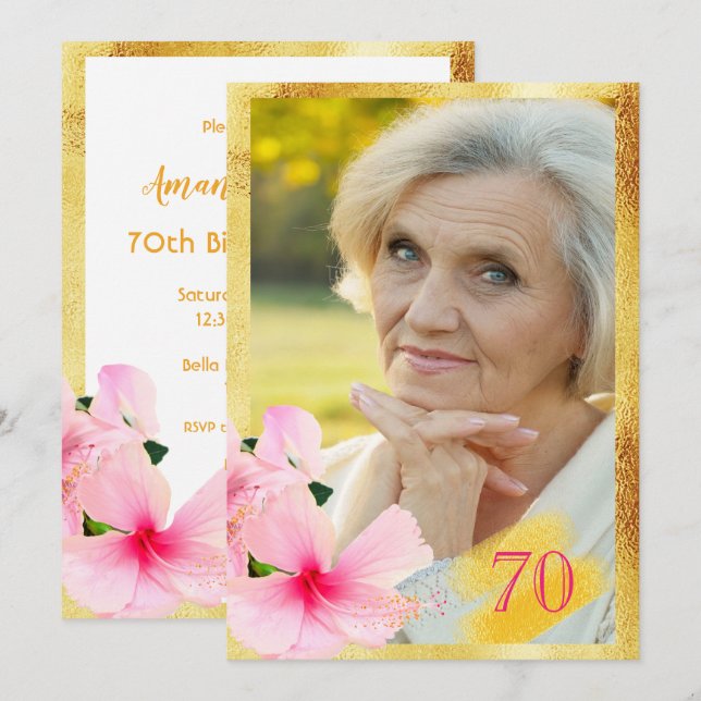 Photo 70th birthday party tropical floral white invitation (Front/Back)