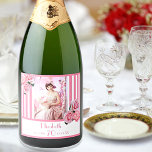 Photo 70th birthday pink white stripes floral sparkling wine label<br><div class="desc">A label for a 70th birthday party. Classic slim pink and white vertical stripes as background.  With girly and feminine flowers,  pink roses and peonies as decoration.  
A frame on front with template for age 70,  name and dates. Template for your own vertical photo.</div>
