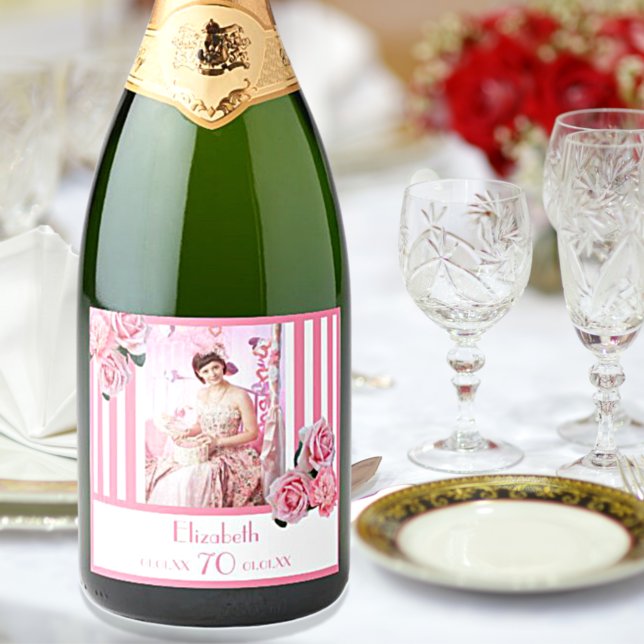 Photo 70th birthday pink white stripes floral sparkling wine label (Creator Uploaded)