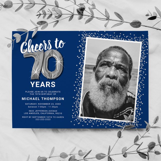 Photo 70th Birthday Silver Balloons Invitation (Creator Uploaded)