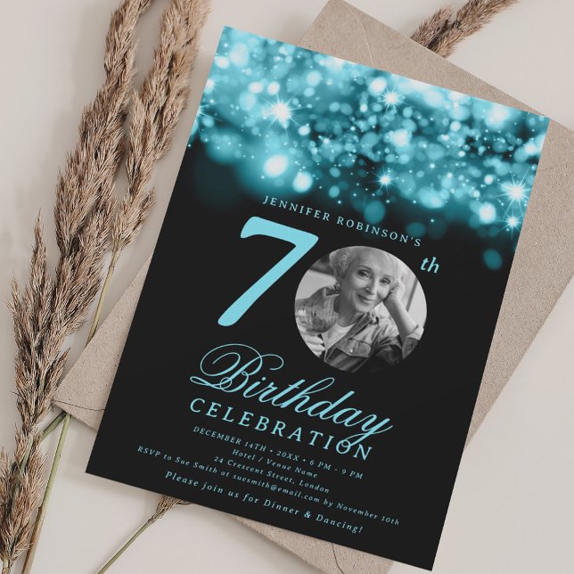 Photo 70th Birthday Turquoise Midnight Glam  Invitation (Photo 70th Birthday Turquoise Midnight Glam Invitation)