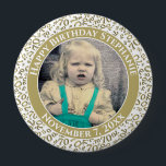 Photo 70th Random Number Pattern| Gold/White 10 Cm Round Badge<br><div class="desc">This is a commemorative design with your photo and text for celebrating your 70th Birthday. There is a text template to make it easy to personalize the message and date. There is also a photo template to make it easy to add your image. This gold-and-white picture frame is a random...</div>