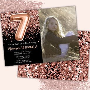 Photo 7th Black Rose Gold Glitter Birthday  Invitation