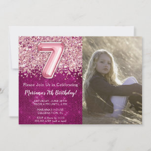 Photo 7th Girly Magenta Pink Glitter Birthday Invitation