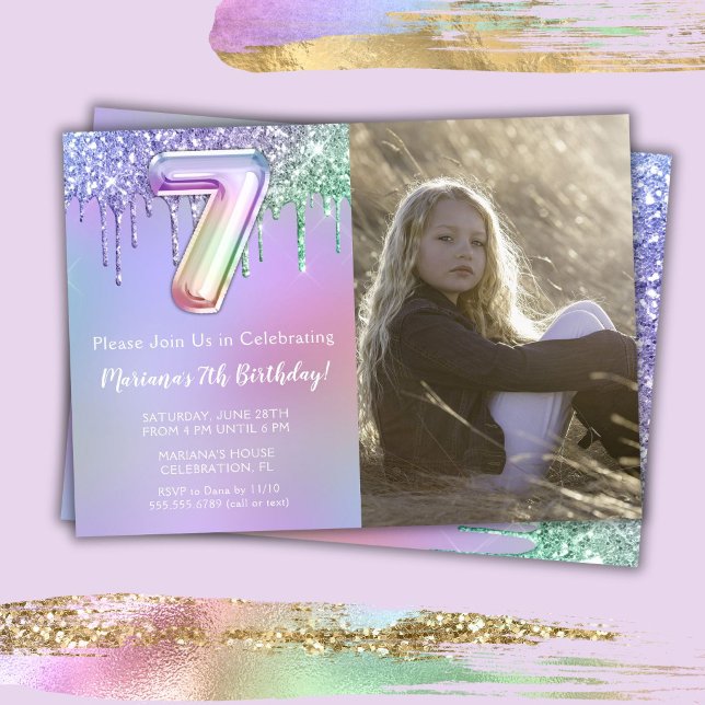Photo 7th Purple Pink Glitter Birthday Party Invitation (Creator Uploaded)