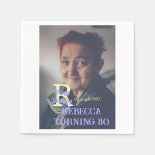 Photo 80th birthday add name date modern purple ye napkin