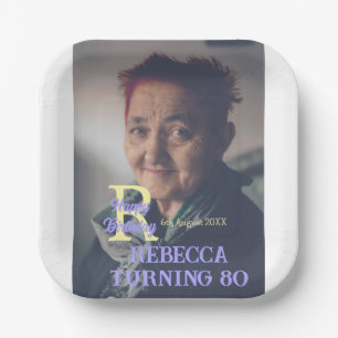 Photo 80th birthday add name date modern purple ye paper plate