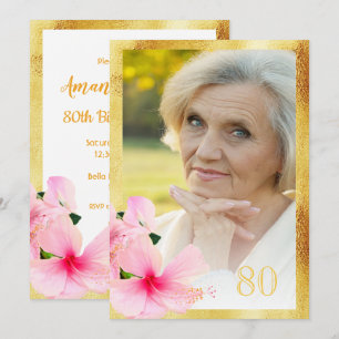Photo 80th birthday party tropical floral white invitation