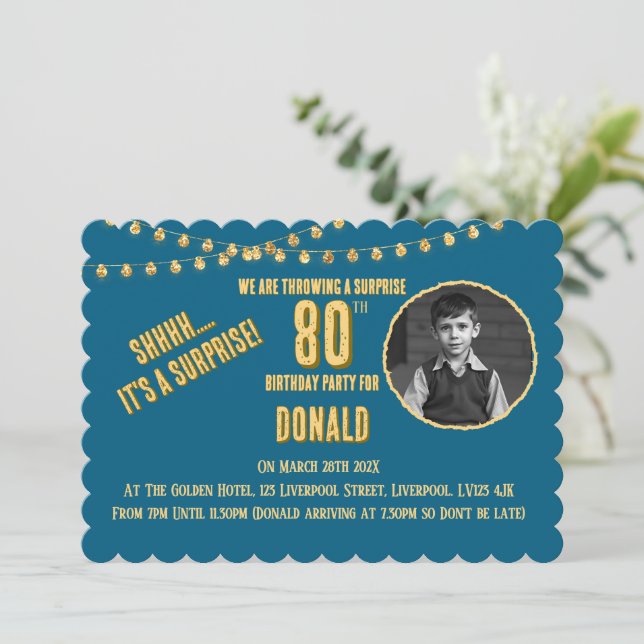 Photo 80th Teal & Gold Birthday Party Invitation (Standing Front)