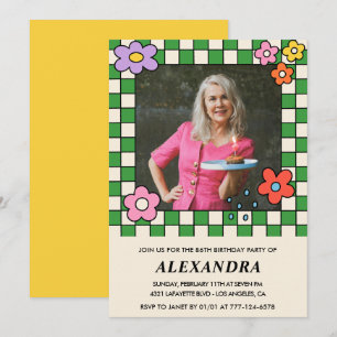 Photo 86th birthday invitation Retro Groovy Floral