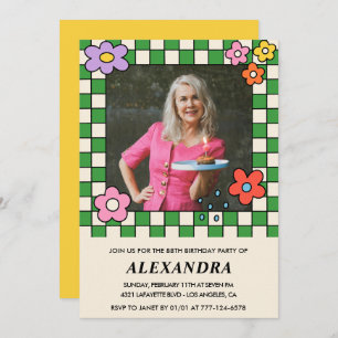 Photo 88th birthday invitation Retro Groovy Floral