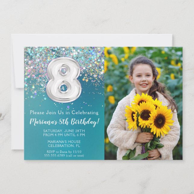 Photo 8th Teal Silver Glitter Birthday Invitation (Front)