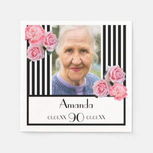 Photo 90th birthday black white stripes floral napkin
