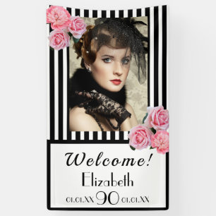 Photo 90th birthday black white stripes florals banner