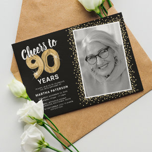 Photo 90th Birthday Gold Balloons Invitation