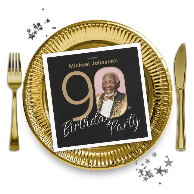 Photo 90th Birthday Gold Black Elegant Custom Napkin (Photo 90th Birthday Gold Black Elegant Custom Napkins)