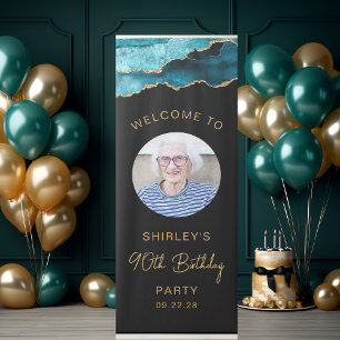 Photo 90th Birthday Teal Gold Agate Black Retractable Banner
