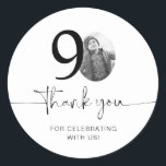 Photo 90th Birthday Thank You Classic Round Sticker<br><div class="desc">Add a personal touch to your party favours with this customisable 90th birthday sticker! Designed to make your milestone celebration extra special, this sticker allows you to add your own photo and personalise the text for a unique keepsake. Perfect for attaching to party favours, gift bags, or thank-you gifts, this...</div>