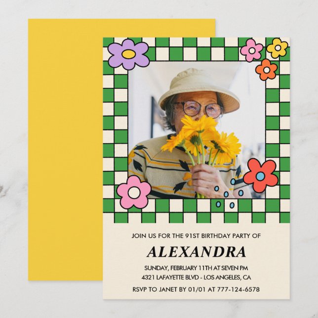 Photo 91st birthday invitation Retro Groovy Floral (Front/Back)