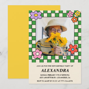 Photo 98th birthday invitation Retro Groovy Floral