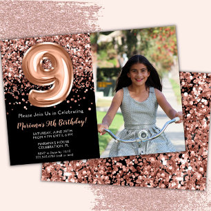 Photo 9th Black Rose Gold Glitter Birthday Invitation
