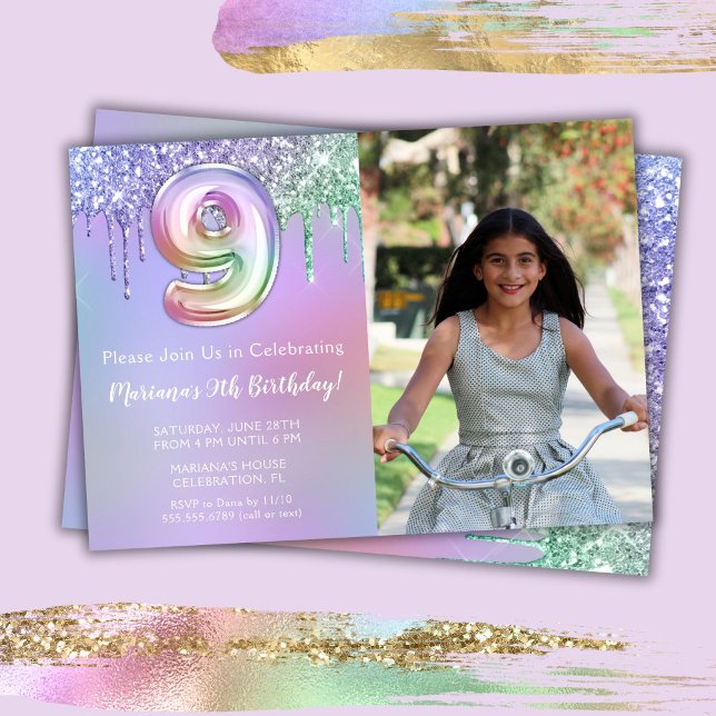 Photo 9th Purple Pink Glitter Birthday Party Invitation (Creator Uploaded)