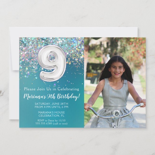 Photo 9th Teal Silver Glitter Birthday Invitation (Front)