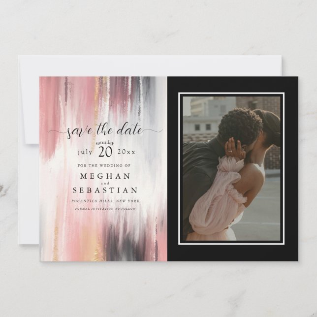 Photo Abstract Brush Strokes Blush Gold Charcoal  Save The Date (Front)