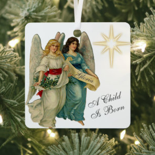 Photo Add Name Vintage Angels & Christmas Star Metal Tree Decoration
