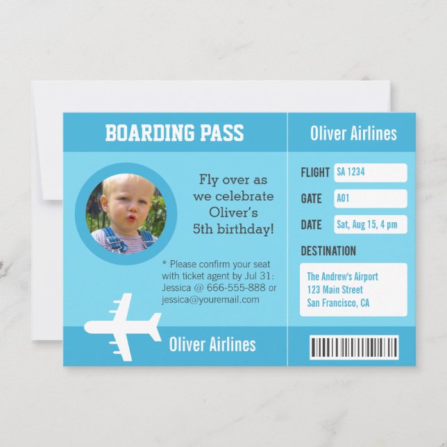 Photo Aeroplane Boarding Pass Birthday Party Invitation (Front)