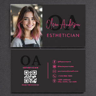 Photo Aesthetician QR Code Hot Pink Black Business Card
