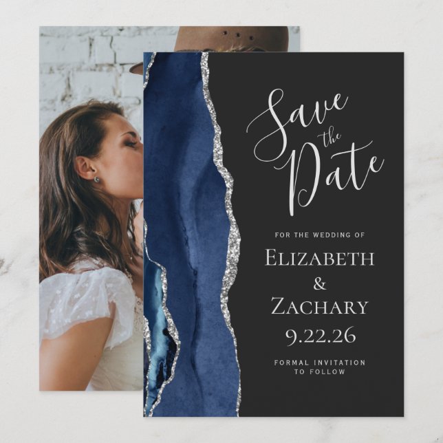 Photo Agate Blue Silver Dark Save the Date Invitation (Front/Back)