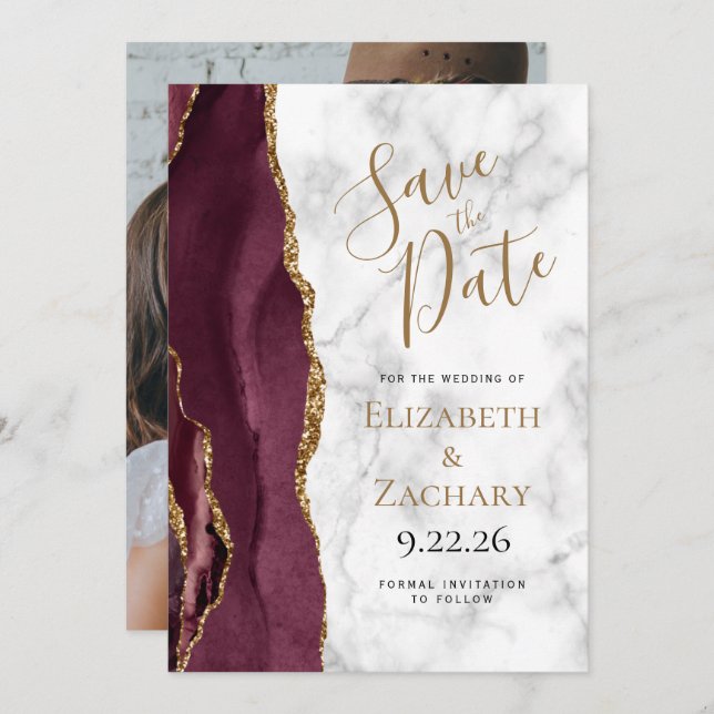 Photo Agate Burgundy Gold Marble Save the Date Invitation (Front/Back)