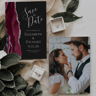 Photo Agate Burgundy Silver Dark Save the Date